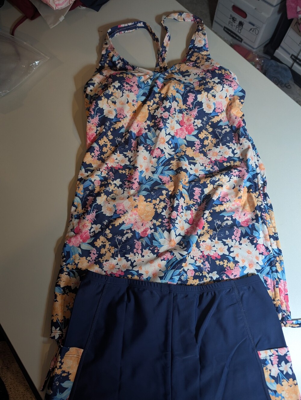 Halcurt Woman's M Floral Navy & Pink Tankini Top with Navy Skirted Bottom